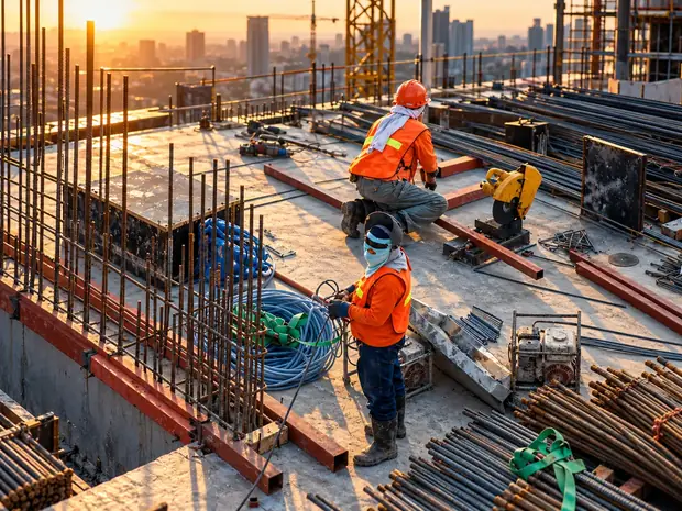 Obra de construção civil ao amanhecer